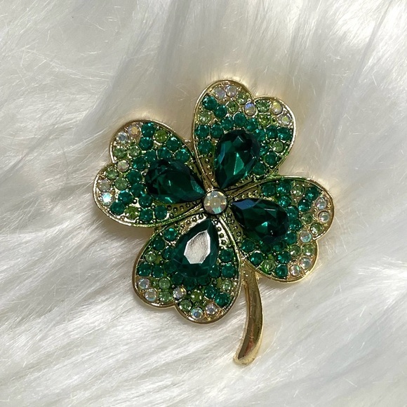 Brooch Pin 4 Four Leaf Clover Shamrock Lucky Irish Green Gold Rhinestones New - Picture 5 of 5